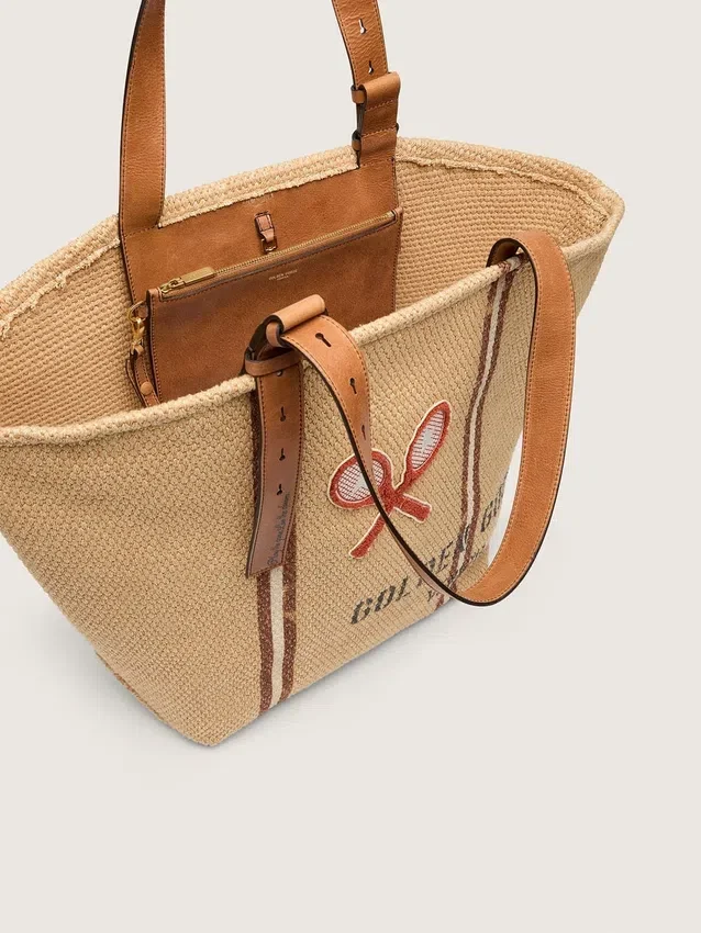 24,7-väska i naturlig raffia och brunt läder med detaljer i guldmetall