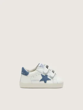Baby Old School i vitt läder med denimblå mockastjärna
