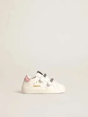 Baby School-set i vitt nappaläder med rosa läderflik på hälen