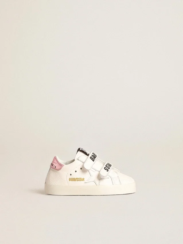 Baby School-set i vitt nappaläder med rosa läderflik på hälen