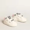 Baby School-set i vitt nappaläder med rosa läderflik på hälen