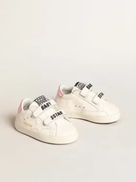 Baby School-set i vitt nappaläder med rosa läderflik på hälen