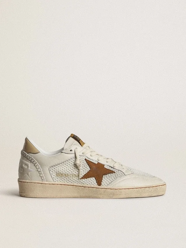 Ball Star för damer i vit nappa och mesh med tobaksfärgad nubuckstjärna och beige hälflik