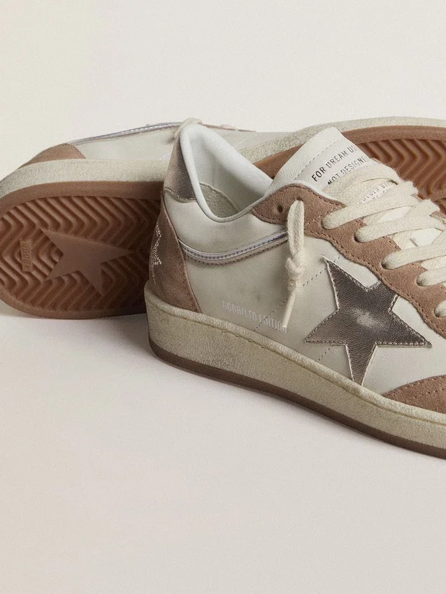Ball Star LTD i vitt nappaläder och gammalrosa mocka med stjärna och hälflik i metalliskt silverläder