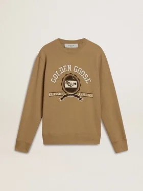 Beige bomullssweatshirt för herr med tryck på framsidan