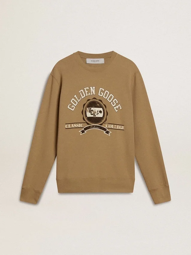 Beige bomullssweatshirt för herr med tryck på framsidan