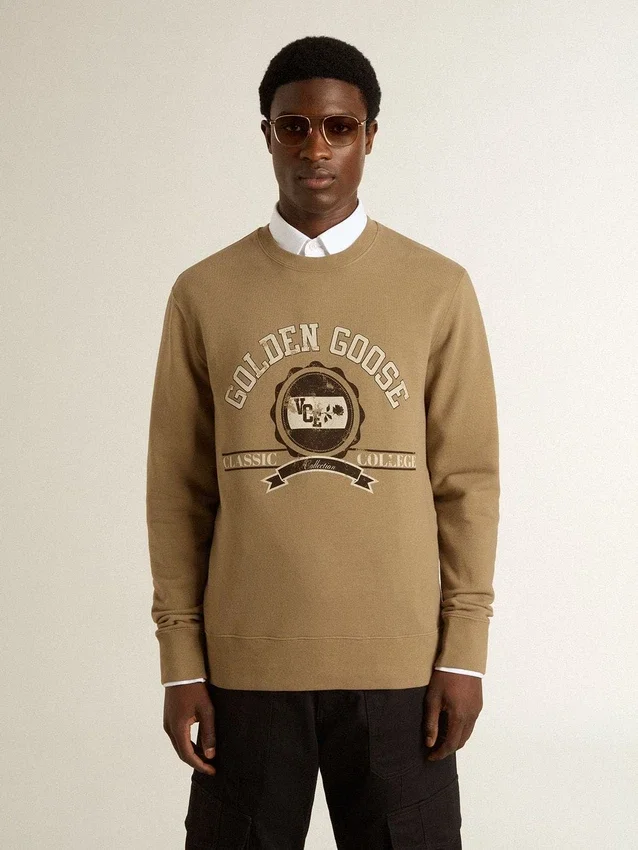 Beige bomullssweatshirt för herr med tryck på framsidan