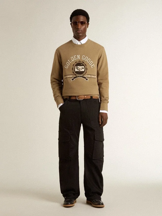 Beige bomullssweatshirt för herr med tryck på framsidan