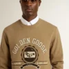 Beige bomullssweatshirt för herr med tryck på framsidan