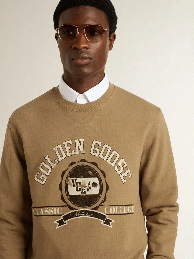 Beige bomullssweatshirt för herr med tryck på framsidan