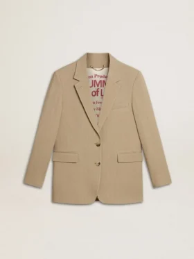 Beige enkelknäppt damkavaj med smala ränder och oversized-passform