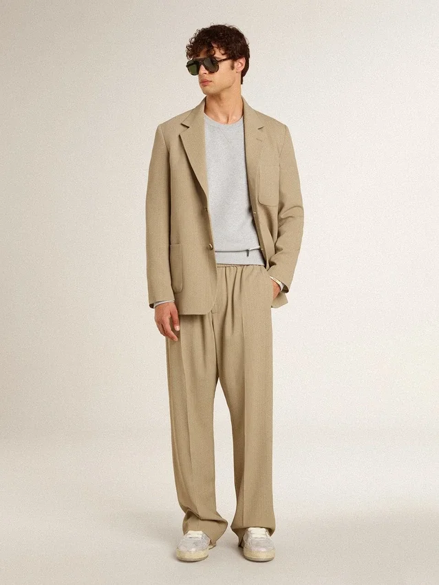 Beige enkelknäppt kavaj för herr med smala ränder och oversized-passform
