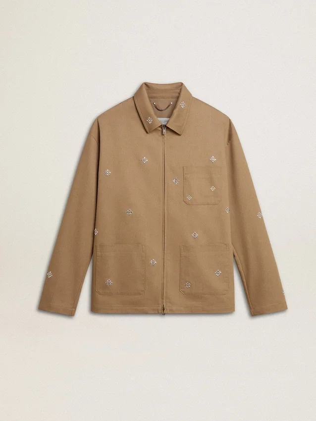 Beige herrjacka med blommig broderi och hel dragkedja