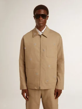 Beige herrjacka med blommig broderi och hel dragkedja