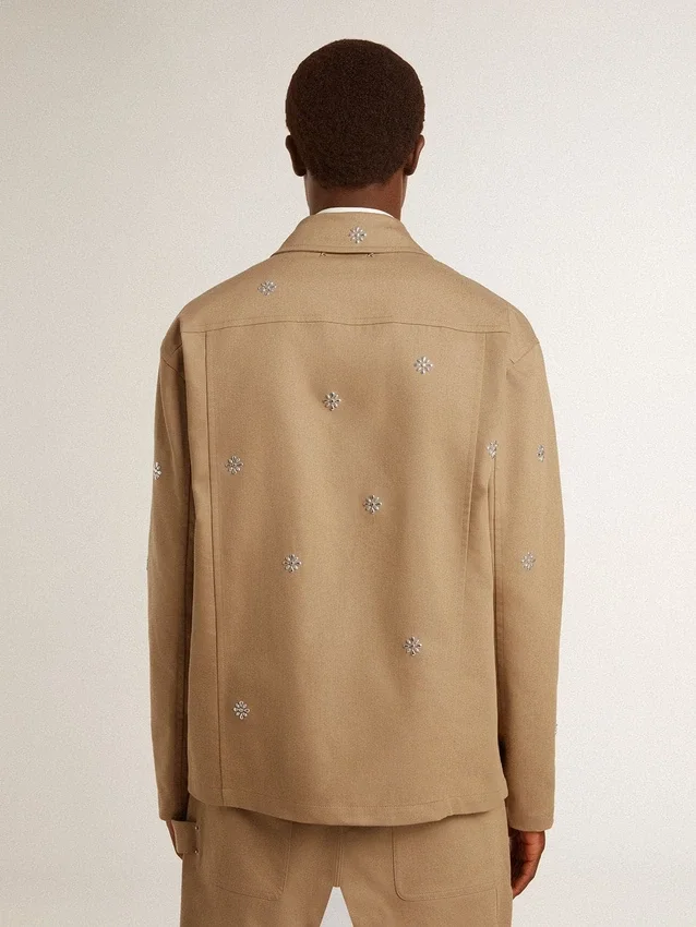 Beige herrjacka med blommig broderi och hel dragkedja