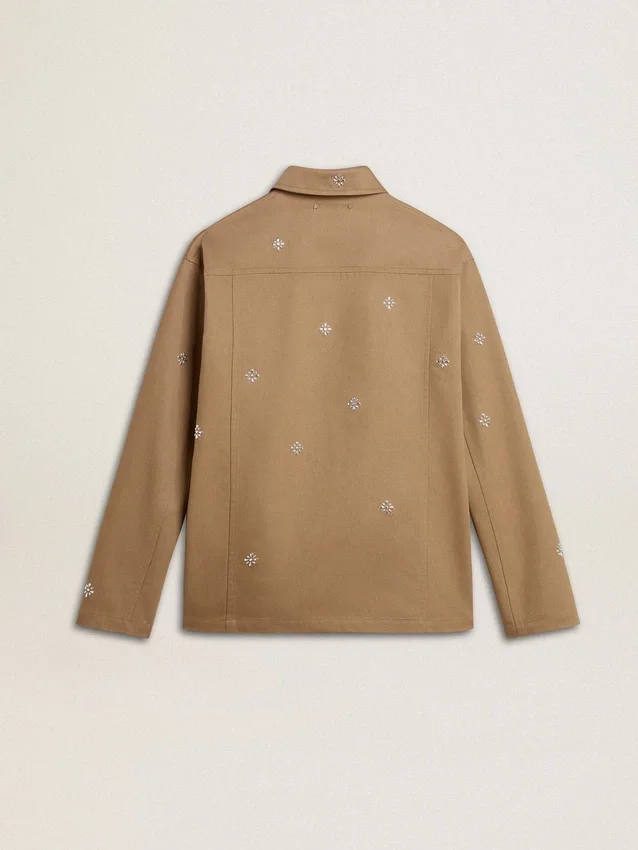 Beige herrjacka med blommig broderi och hel dragkedja