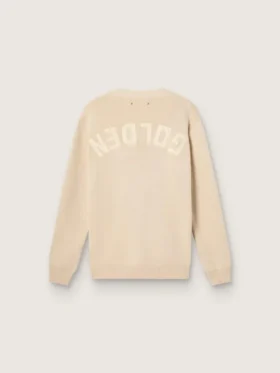 Beige herrkofta med ”Golden”-text på ryggen