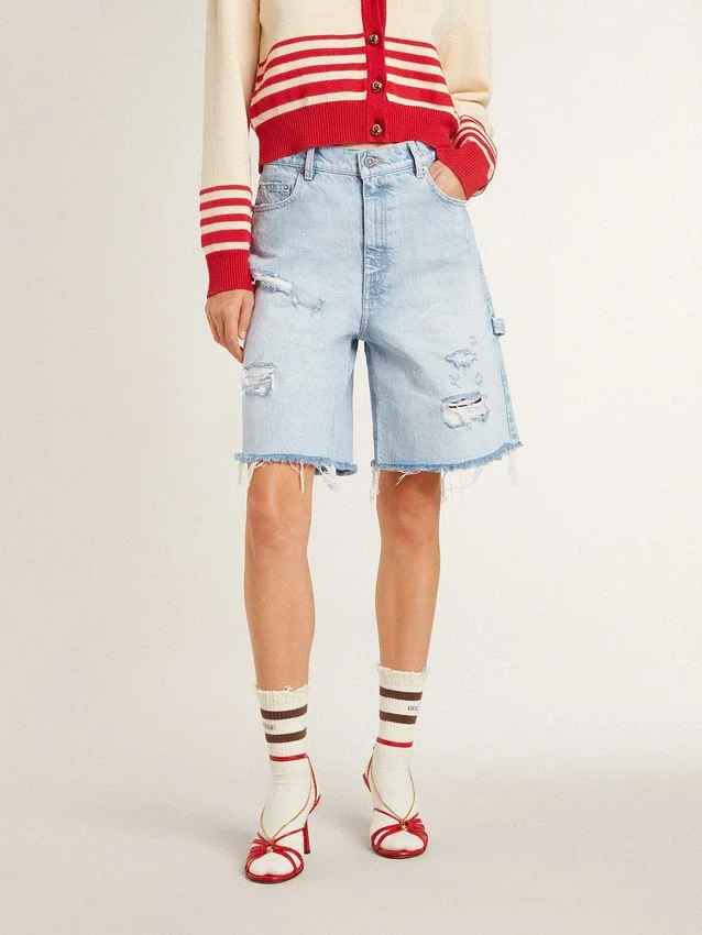 Bermudashorts för dam i denim med sliten look