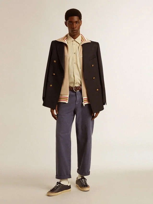 Blå chinos för herr med sliten look