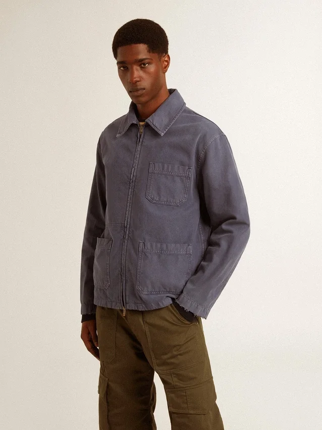 Blå herrjacka i denim av bomull med sliten look