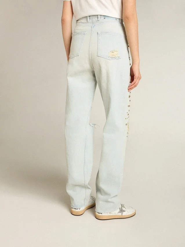 Blekt jeans för damer med cabochonkristaller