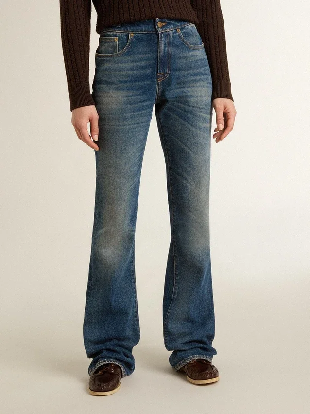 Bootcut-jeans för dam med vintage-tvätt och metalliska detaljer