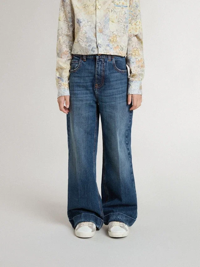 Bootcut-jeans för flickor med medium tvätt och broderi