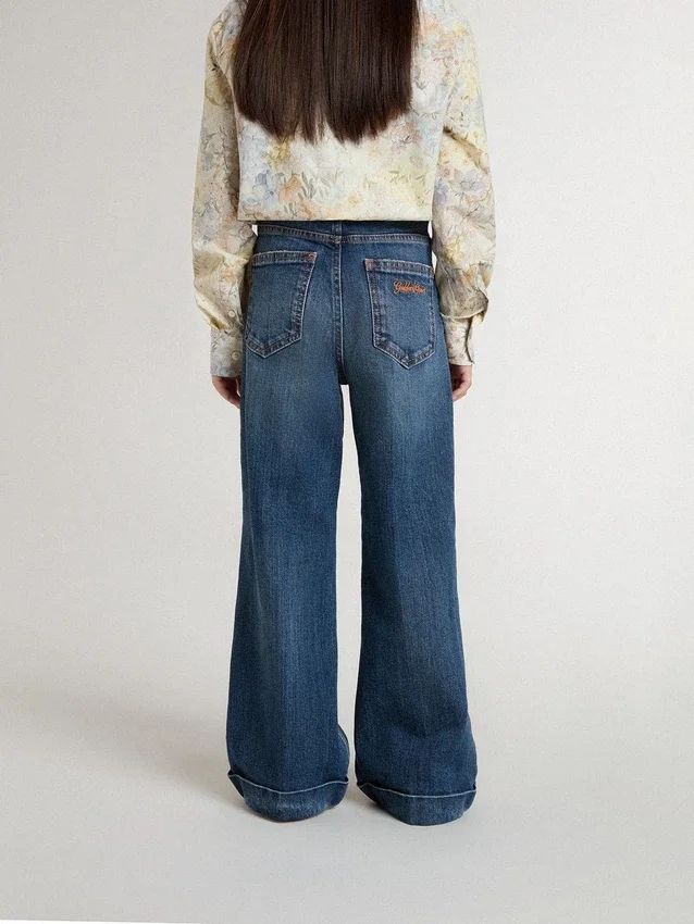 Bootcut-jeans för flickor med medium tvätt och broderi