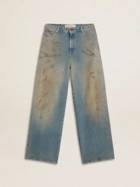Boyfriend-jeans för damer med sliten sandtvätt och nitar