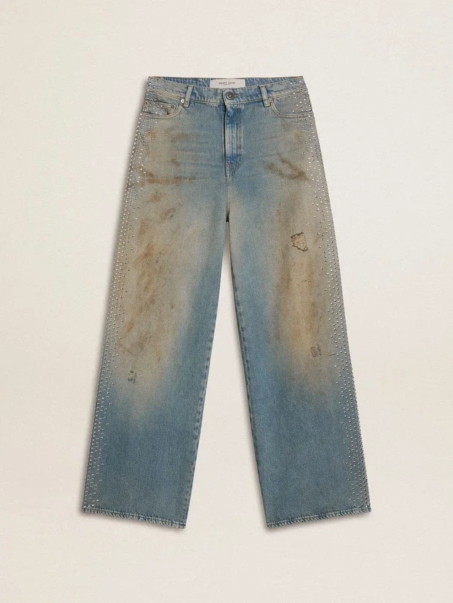 Boyfriend-jeans för damer med sliten sandtvätt och nitar
