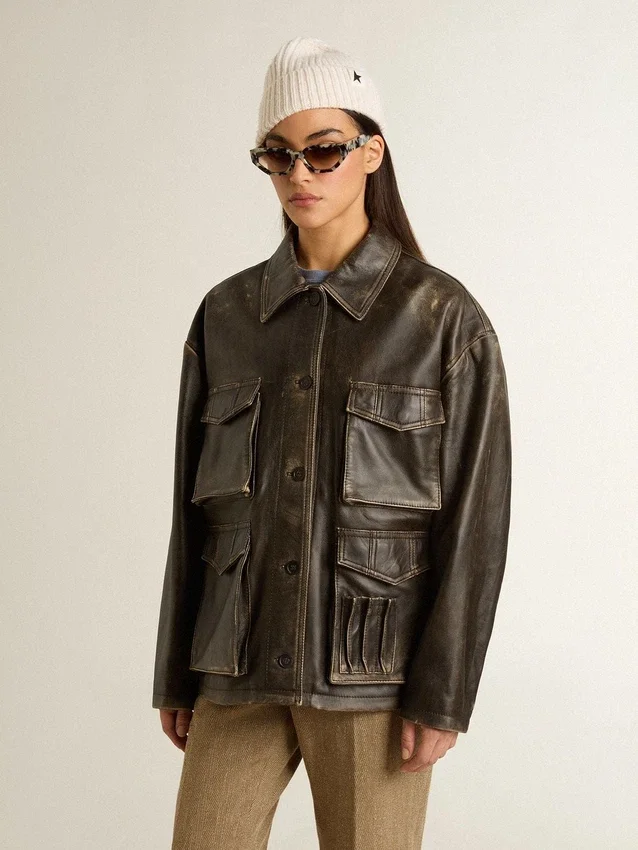 Brun nappa-läderjacka för damer med sliten look