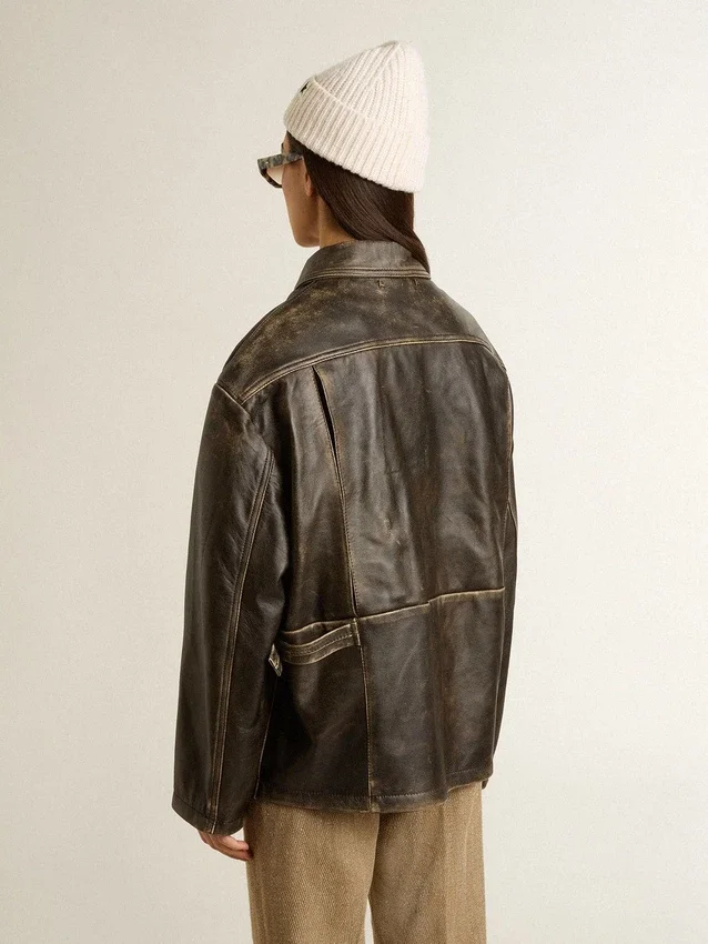 Brun nappa-läderjacka för damer med sliten look