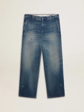 Chinobyxor i denim för herr med slitna detaljer