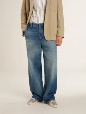 Chinobyxor i denim för herr med slitna detaljer