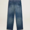 Chinobyxor i denim för herr med slitna detaljer