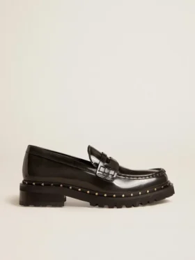 Chunky loafers för damer i svart läder med nitar