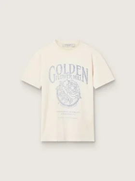 Dam-skjorta i åldrad vit bomull med vintage-tryck