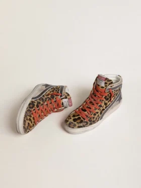 Dam-slide LTD i ponnyskinn med leopardmönster, metallisk läderstjärna och glans