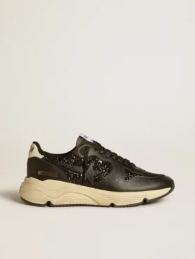 Dam-sneakers med Running Sole i svart glitter med läderstjärna och hälflik i nubuck