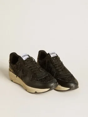 Dam-sneakers med Running Sole i svart glitter med läderstjärna och hälflik i nubuck