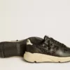 Dam-sneakers med Running Sole i svart glitter med läderstjärna och hälflik i nubuck