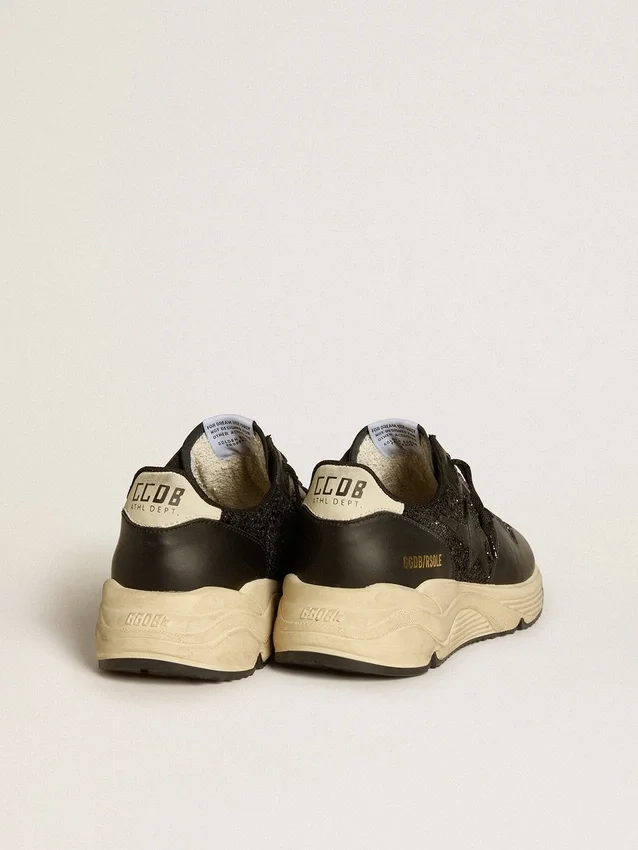 Dam-sneakers med Running Sole i svart glitter med läderstjärna och hälflik i nubuck