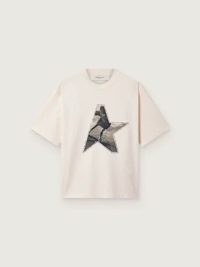 Dam-T-shirt i vit bomullsjersey med stjärntryck