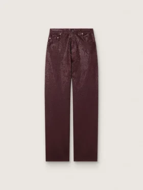 Damjeans i burgundyfärgad denim med kristaller i ton-i-ton-effekt