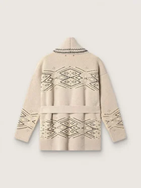 Damkofta med bälten i beige ullblandning med kontrastbroderi