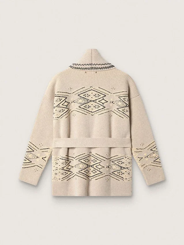 Damkofta med bälten i beige ullblandning med kontrastbroderi