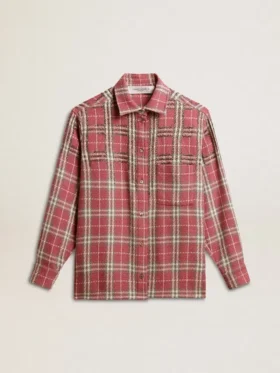 Damskjorta med broderat rutmönster i rosa, sandfärgat och grått