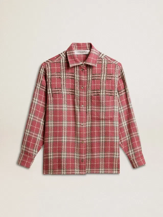 Damskjorta med broderat rutmönster i rosa, sandfärgat och grått