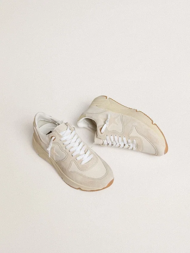 Damskor med Running Sole i canvas med beige stjärna och hälflik i platinametalliskt läder
