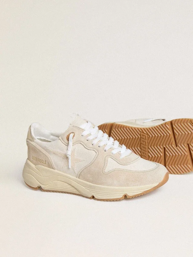 Damskor med Running Sole i canvas med beige stjärna och hälflik i platinametalliskt läder